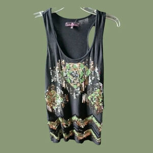 -Almost Famous sequin tank top black gold & green sequin color